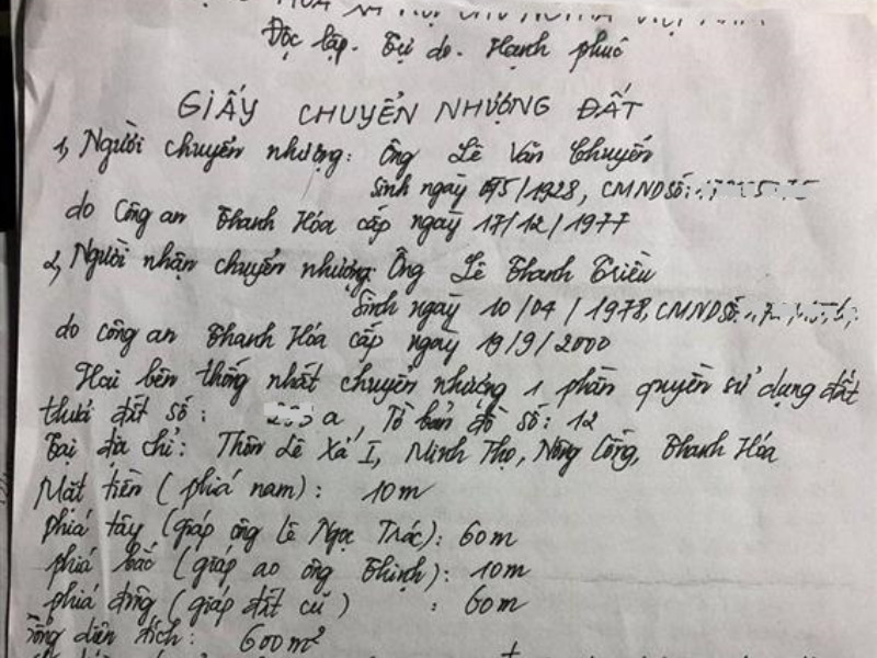 Mẫu giấy chuyển nhượng đất nông nghiệp viết tay