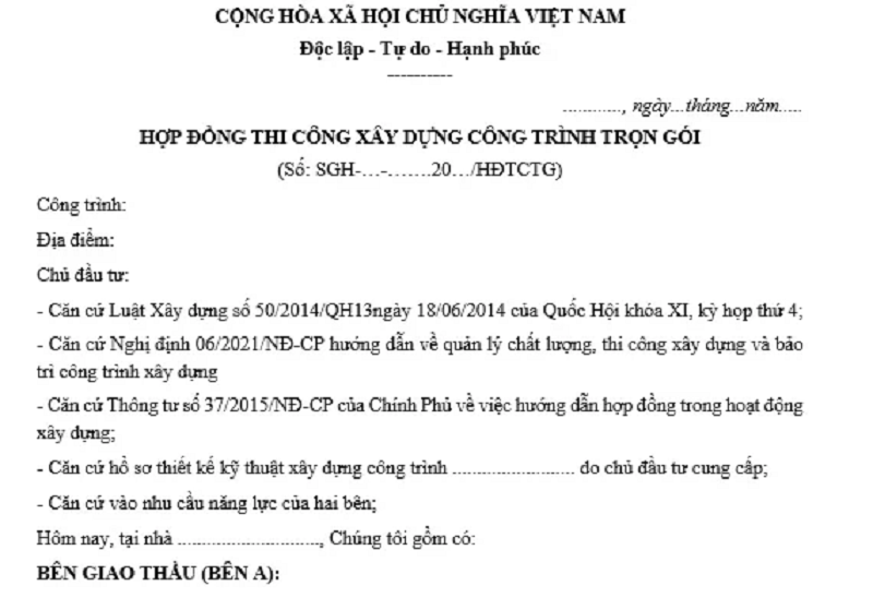 mẫu hợp đồng thi công xây dựng
