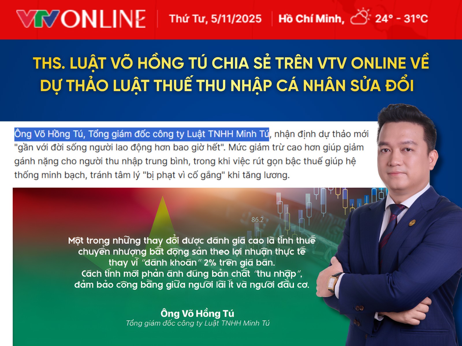 Thạc sĩ Luật - Võ Hồng Tú chia sẻ trên VTV Online về Dự thảo Luật Thuế thu nhập (TNCN) sửa đổi